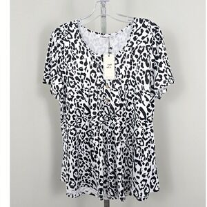 Zenbriele Print Round Neck Short Sleeve Top Black White L